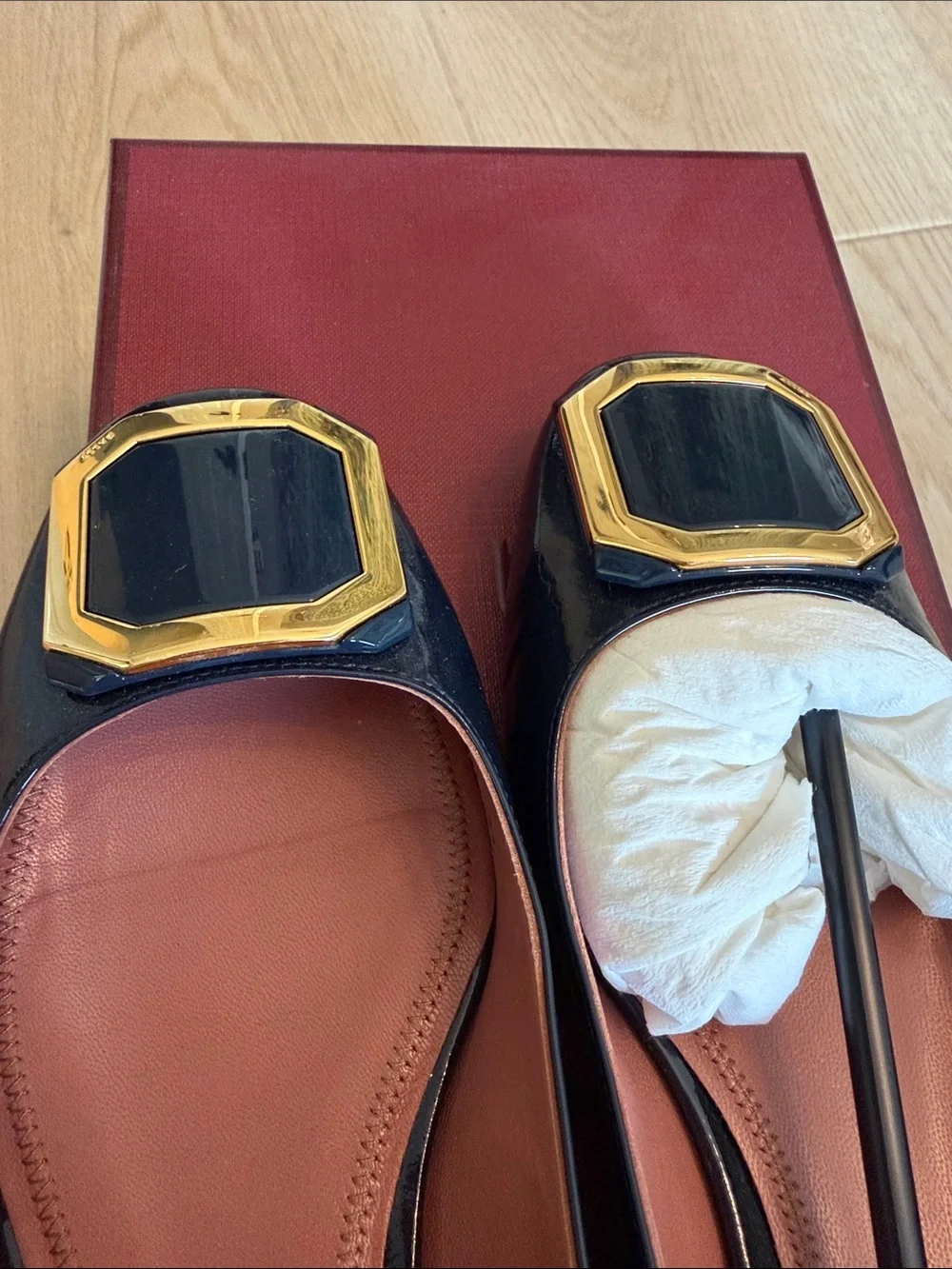 Bally Navy Lamb Patent Leather Square-Buckle Flats